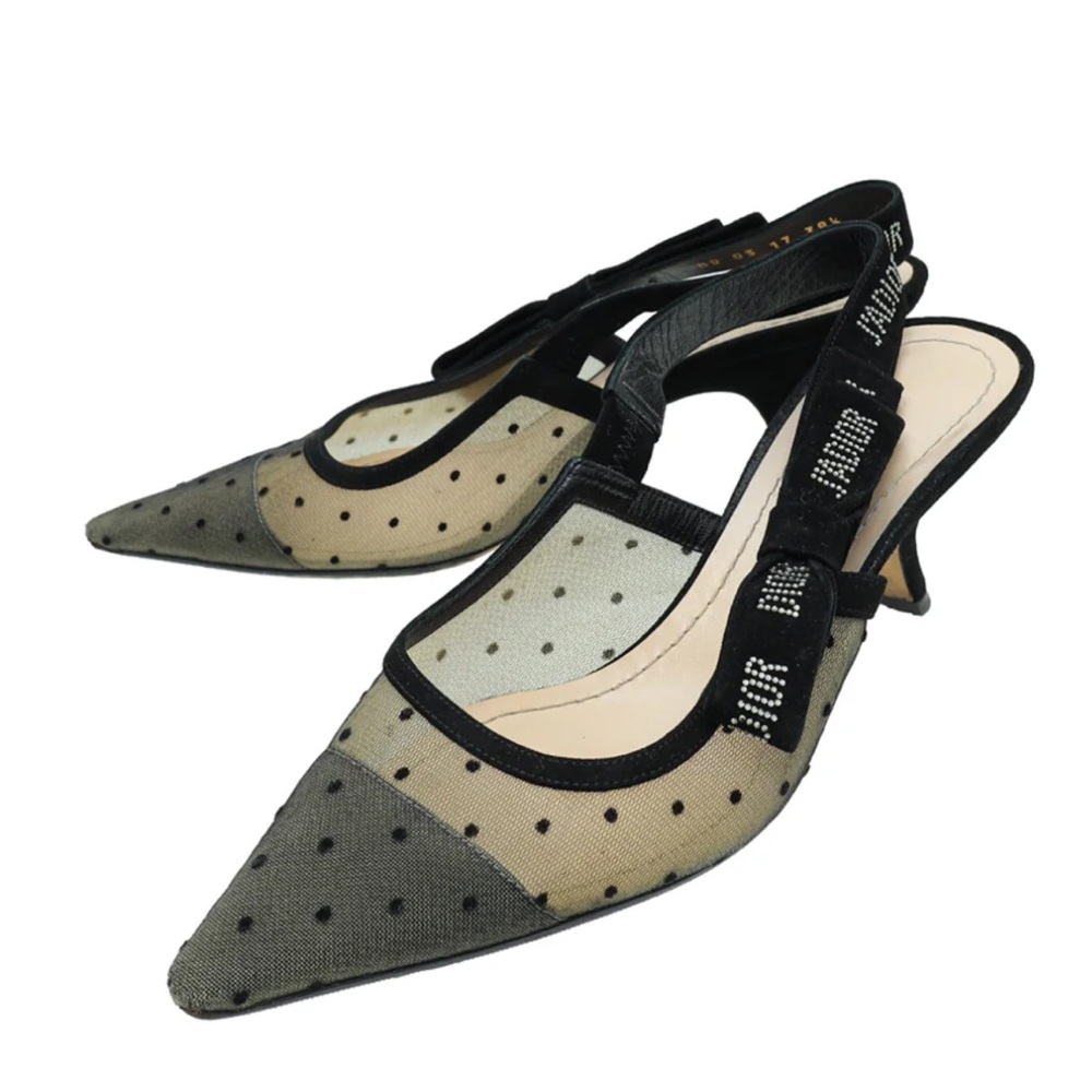 Christian Dior Black Mesh Plumetis Crystal J'Adior Slingback Heels